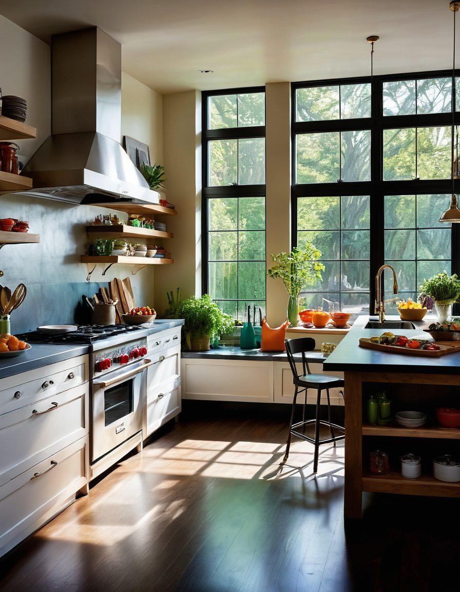 A beautiful, modern kitchen filled with fresh seasonal ingredients like vibrant vegetables and herbs, open cookbooks with handwritten recipes, a cooking island with colorful cookware, sunlight streaming through the windows, and an inviting atmosphere perfect for culinary creativity. super-realistic. vibrant colors. warm lighting.