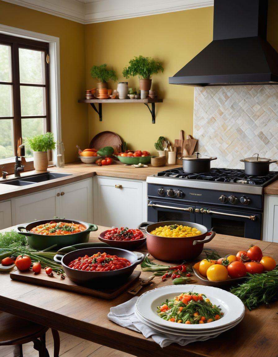 A beautifully set dining table showcasing an array of colorful, fresh ingredients like herbs, spices, and vibrant vegetables ready for cooking. The dishes are artistically plated, revealing exquisite attention to detail with drizzles of sauces and garnishes. Soft, ambient lighting highlights the elegance of the presentation, creating an inviting atmosphere. Incorporate a backdrop of a cozy kitchen with stylish cookware to enhance the home-cooked feel. super-realistic. vibrant colors. warm tones.