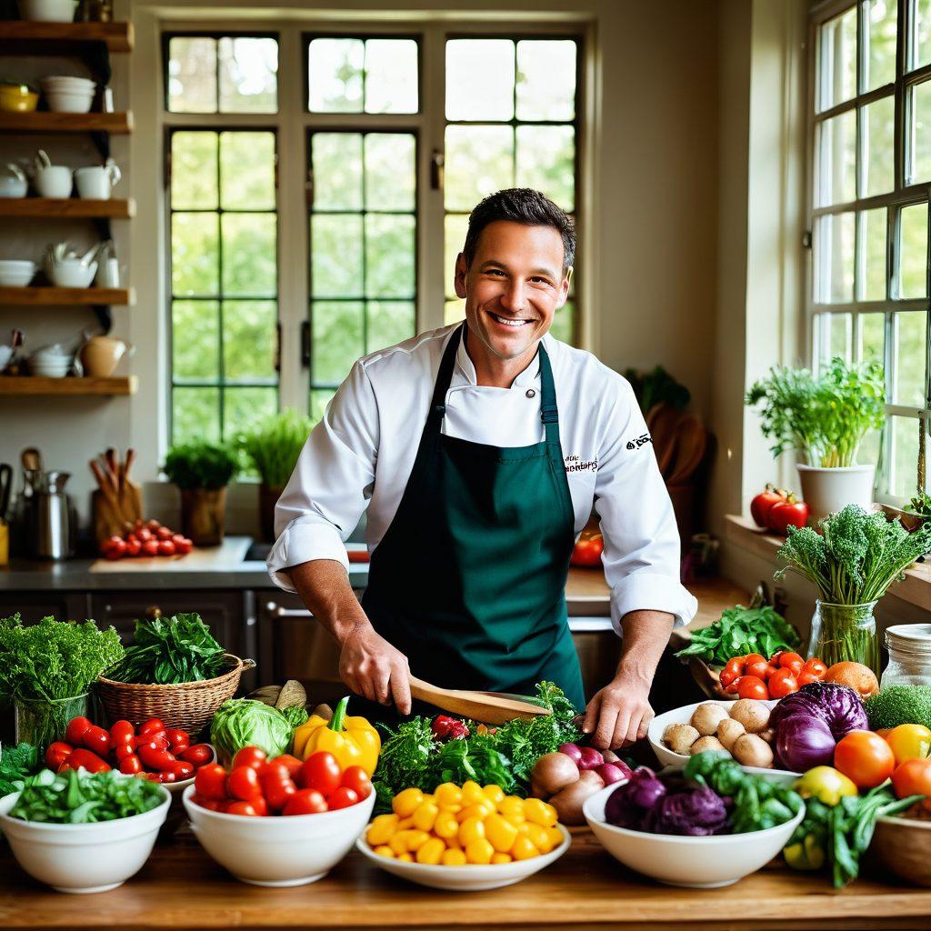 A cozy kitchen filled with fresh ingredients, vibrant spices, and beautifully plated gourmet dishes. A chef in an apron, joyfully demonstrating a cooking technique, with colorful vegetables and herbs scattered around. The ambiance is warm and inviting, featuring natural light pouring in through a window. Utensils and cookbooks are artfully arranged, showcasing the art of culinary mastery. super-realistic. vibrant colors. soft natural light.